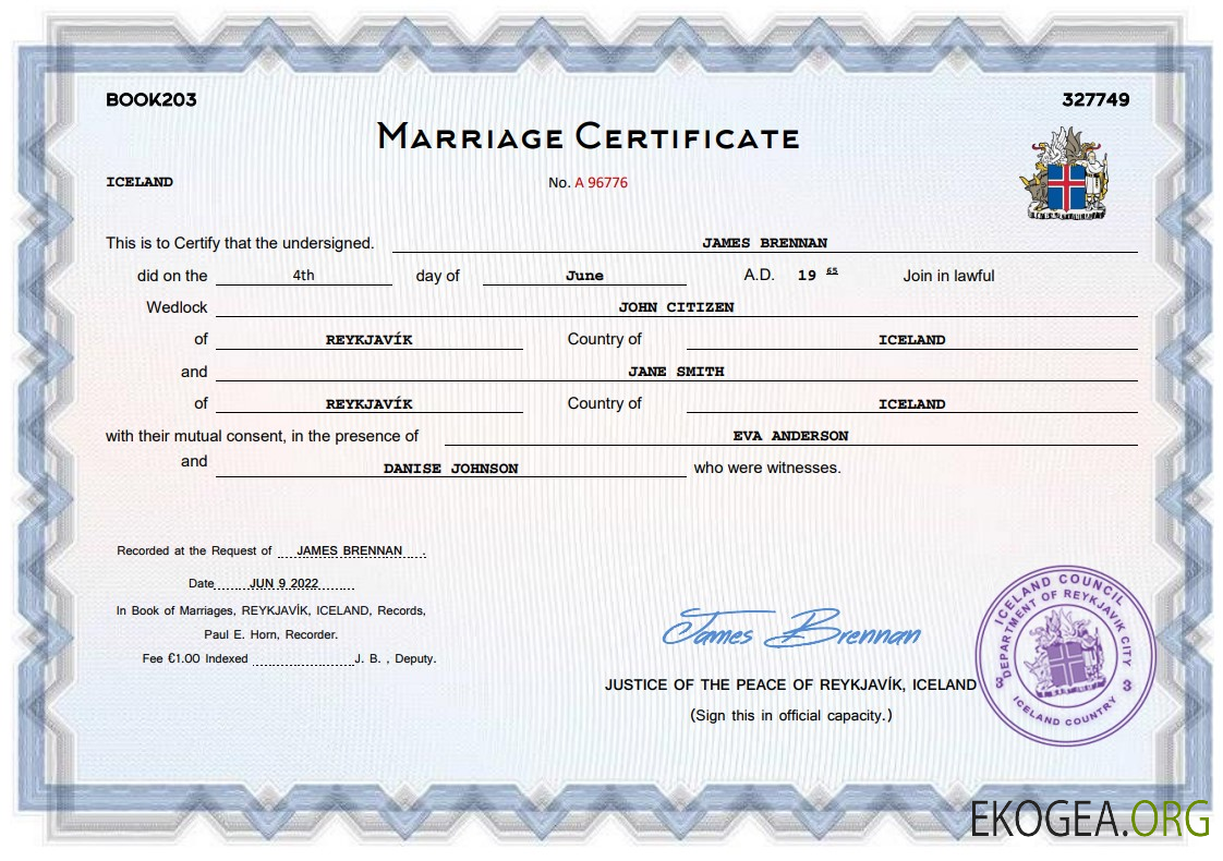 Modèle Word et PDF de certificat de mariage en Islande